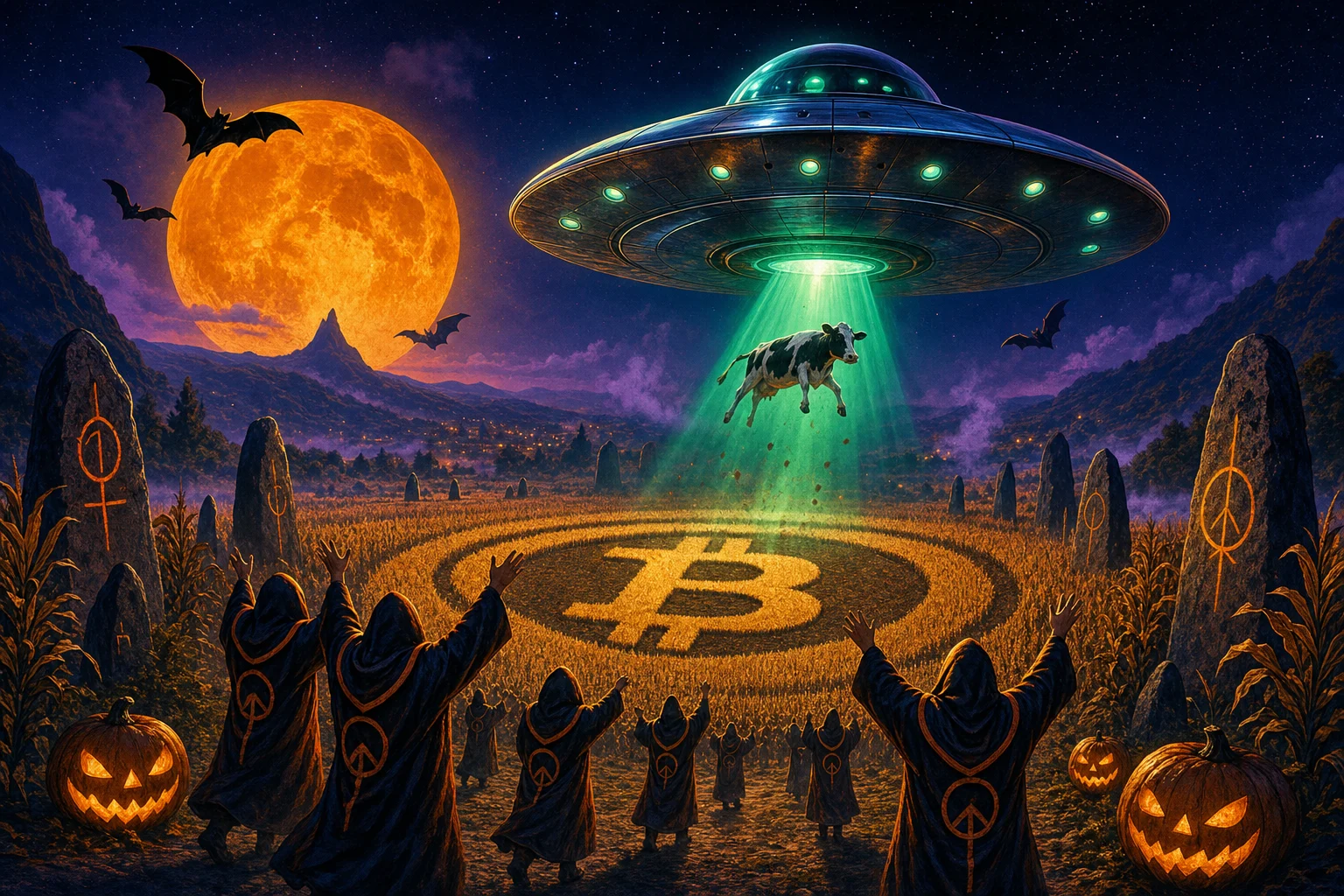 A saucer beams a cow out of a moonlit valley
